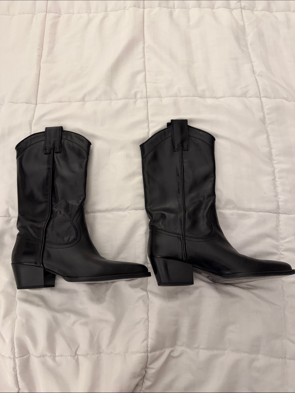 Zara Black Mid-Calf Western Leather Heeled Boots